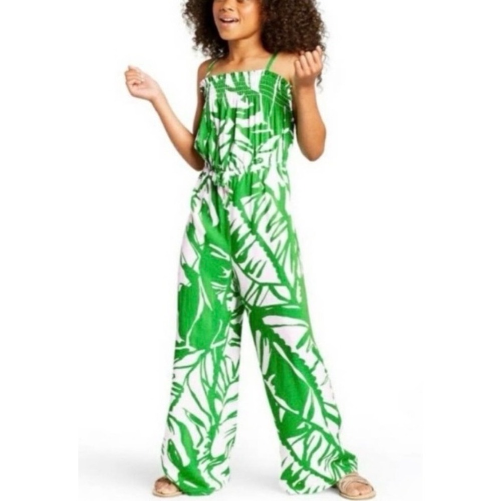 Lilly Pulitzer Target Girls Green Palm Print Jumpsuit XS 4/5 Smocked Wide Leg